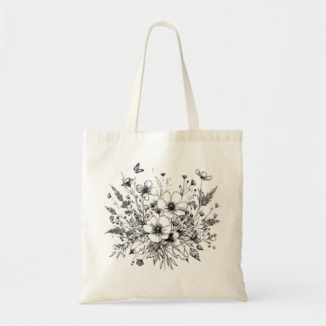 Bolsa Tote Flores brancas e pretas (Frente)