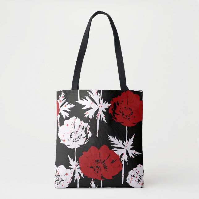 Bolsa Tote Flores brancas e vermelhas a preto. (Frente)