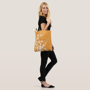 Bolsa Tote Flores Brancas Flores Sombra Curvas Sobre Laranja