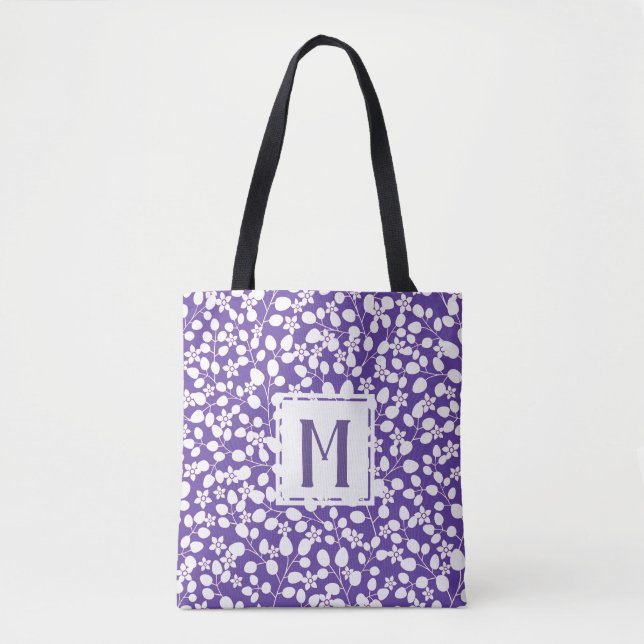 Bolsa Tote Flores Brancas Roxas Modernas Ramificações Florais (Frente)