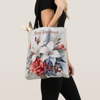 Bolsa Tote Flores Brancas Vermelhas Natal Elegantes Férias