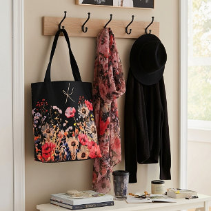 Bolsa Tote Flores brilhantes de primavera em monograma preto