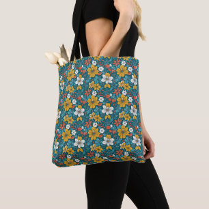 Bolsa Tote Flores Brilhantes, Fundo Escuro