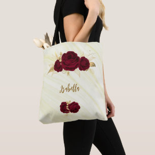 Bolsa Tote flores burgundy dourado deixa saquinho de bolinho