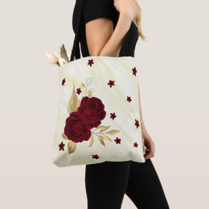 Bolsa Tote flores burgundy dourado deixa saquinho de bolinho
