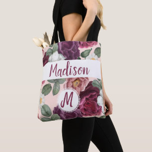 Bolsa Tote Flores Burgundy Elegantes Monograma Inicial da Mod