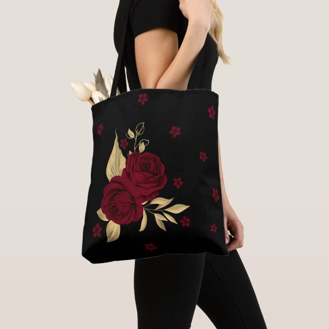 Bolsa Tote flores burguns ouro folhas pretas (Close Up)