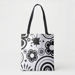 Bolsa Tote Flores caprichosas em preto e branco, círculos, re