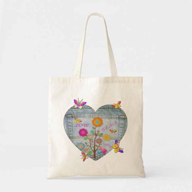 Bolsa Tote Flores Cardíacas Denim Pocket Borboletas (Frente)