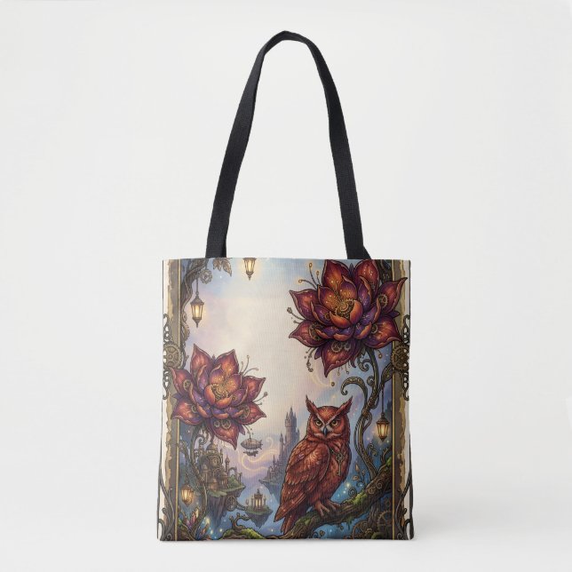 Bolsa Tote Flores Carmesim & Coruja Mística. (Frente)