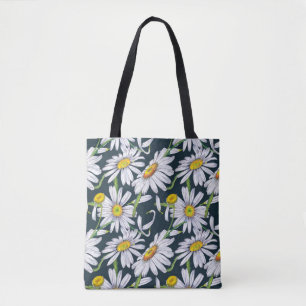 Bolsa Tote Flores Chamomila: Cor Azul Escura Da Água.