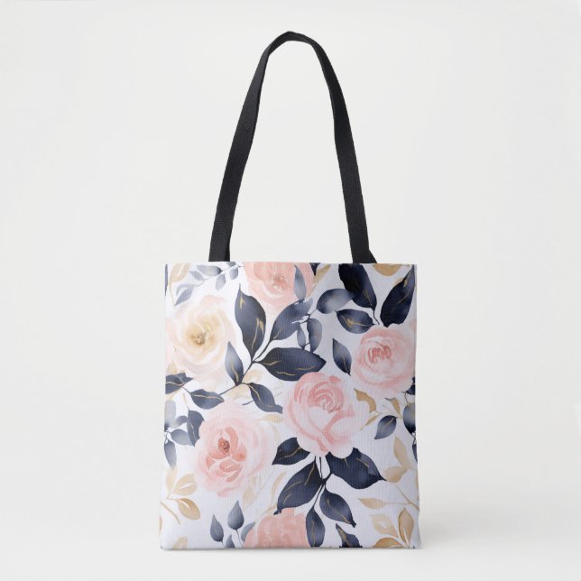 Bolsa Tote Flores Chic Azul Rosa (Frente)