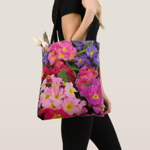 Bolsa Tote Flores Coloridas De Primula Azul-Roxo, Cor-De-Rosa