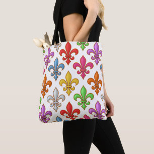 Bolsa Tote Flores Coloridas e Negritas Fleur-de-lis Brancas