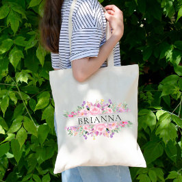 Bolsa Tote Flores Coloridas Elegantes Nome Personalizado Dama