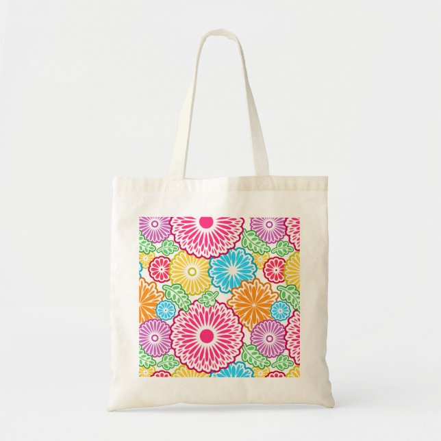 Bolsa Tote Flores coloridas, flores brancas de fundo (Frente)