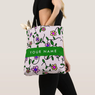 Bolsa Tote Flores Coloridas, Fundo Rosa, Verde