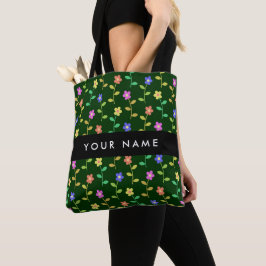 Bolsa Tote Flores Coloridas, Fundo Verde, Preto