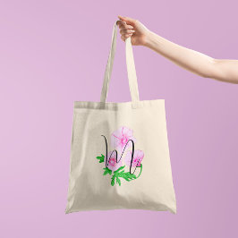 Bolsa Tote Flores cor-de-rosa em aquarela com o seu inicial 1