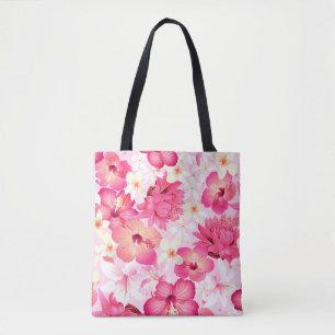 Bolsa Tote Flores cor-de-rosa tropical e brancas