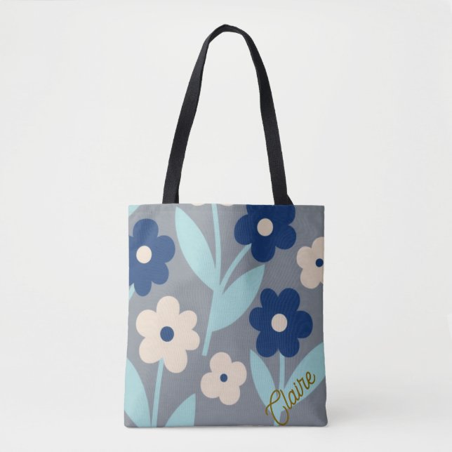 Bolsa Tote Flores Costeiras Calmas | padrão Índigo e Turquesa (Frente)