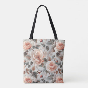 Bolsa Tote Flores-creme com folhas de cinza em cinza-clara