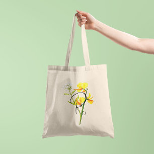 Bolsa Tote Flores de aguarela amarelas com a sua inicial de u