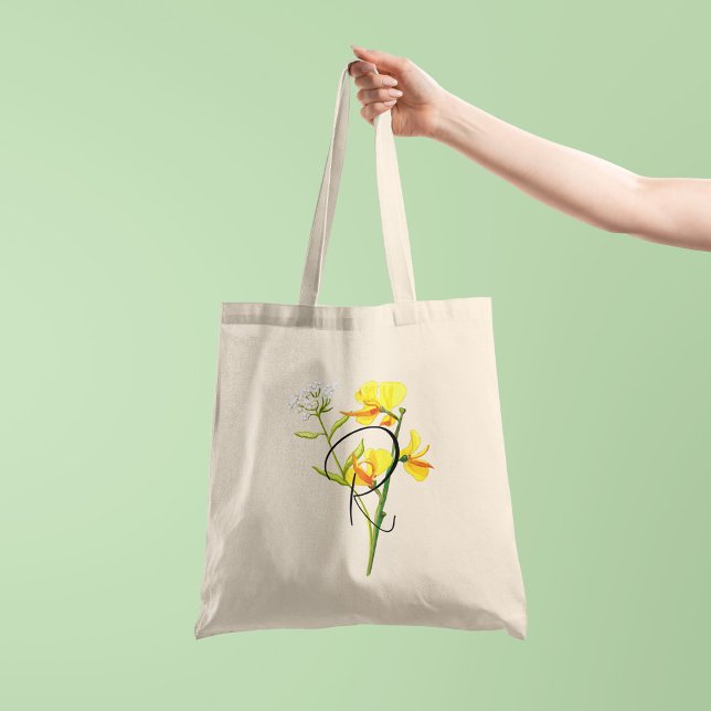 Bolsa Tote Flores de aguarela amarelas com a sua inicial de u (Criador carregado)
