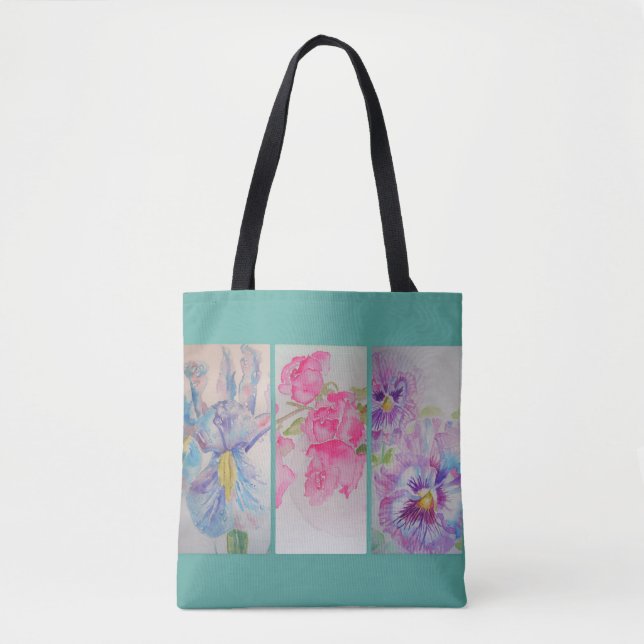 Bolsa Tote Flores de Amor Flores Aquarelas Florais Turquoise  (Frente)
