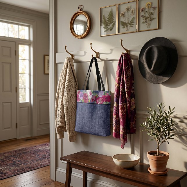 Bolsa Tote flores de aquarela bordô e jeans (Criador carregado)