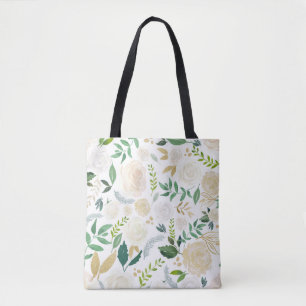Bolsa Tote Flores de Aquarela com Brilhante e Folha Douradas