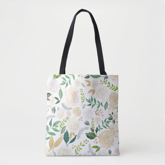 Bolsa Tote Flores de Aquarela com Brilhante e Folha Douradas (Frente)