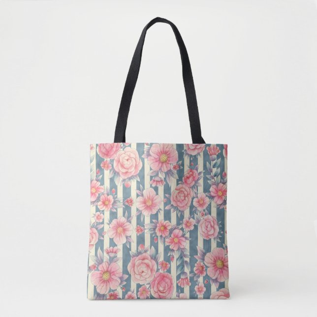Bolsa Tote Flores de Aquarela Rosa em Stripes (Frente)