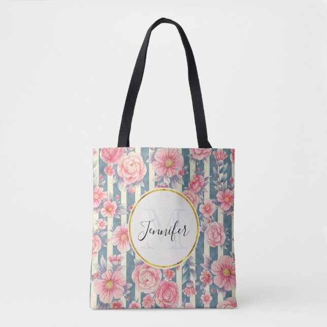 Bolsa Tote Flores de Aquarela Rosa em Stripes Monograma (Frente)