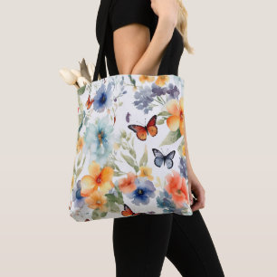 Bolsa Tote Flores de Aquarelas e Borboletas Impressão Botânic