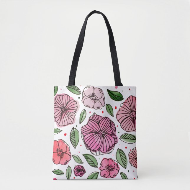 Bolsa Tote Flores de aquarelas e de tinta - rosa e verde (Frente)