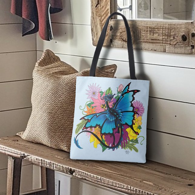 Bolsa Tote Flores De Borboletas Azuis De Dragão (Criador carregado)