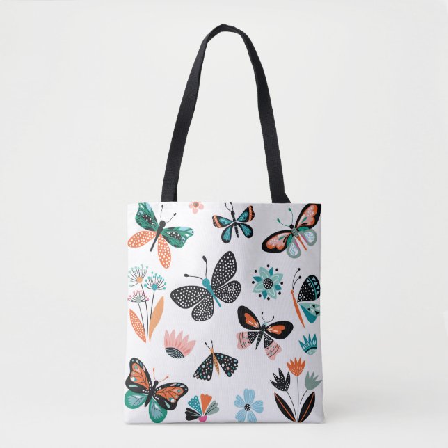 Bolsa Tote Flores de Borboletas: Coleção Desenhada Mão (Frente)