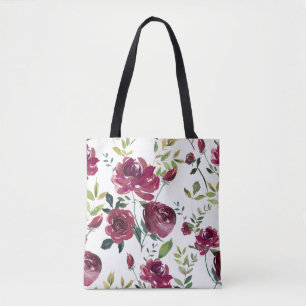 Bolsa Tote Flores de Borgonha de Aquarela   Padrão Floral