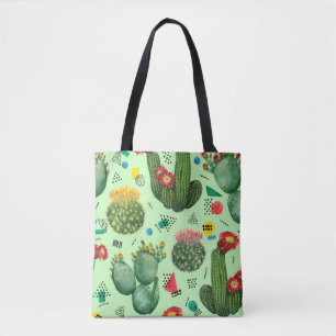 Bolsa Tote Flores De Cactus: Fundo Geométrico De Aquarela.