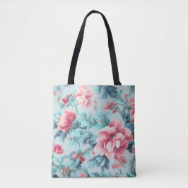 Bolsa Tote Flores de Clarete Rosa Sofisticadas e Folhas Azure