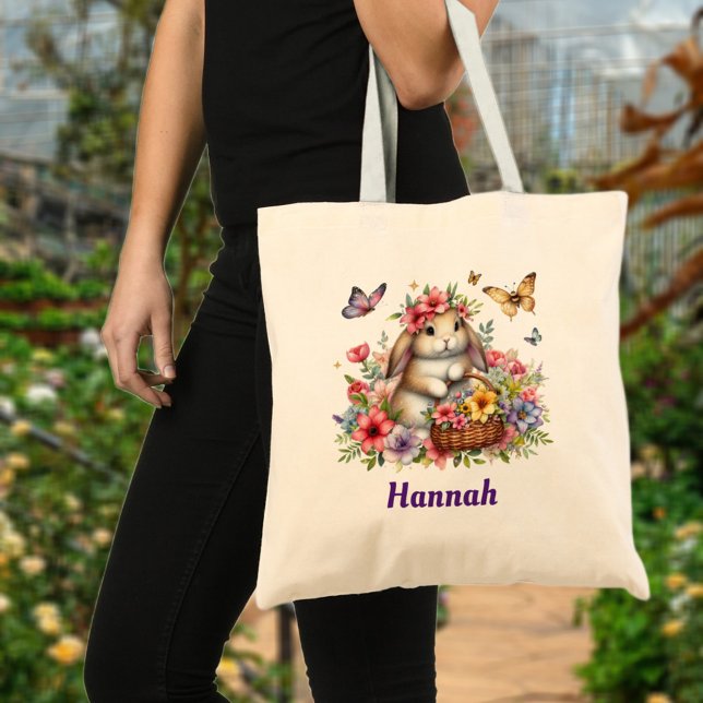 Bolsa Tote Flores De Coelhinho Da Páscoa Bonitas Nome Persona (Criador carregado)