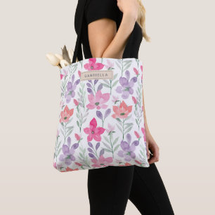 Bolsa Tote Flores de Cores d'Água Púrpura Rosa Personalizadas