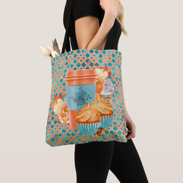 BOLSA TOTE FLORES DE CUPCAKES DE CAFÉ DE TEAL E LARANJA (Close Up)