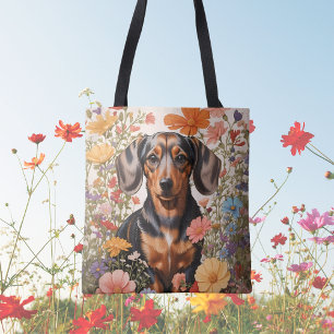 Bolsa Tote Flores De Dachshund Castanho E Cosmos