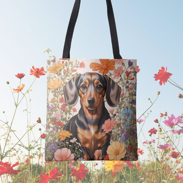 Bolsa Tote Flores De Dachshund Castanho E Cosmos (Criador carregado)