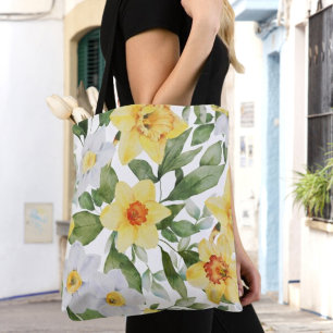 Bolsa Tote Flores de Daffodil Amarelo e Branco