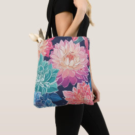 Bolsa Tote Flores de Dahlia Coloridas Elegantes em Fundo Escu