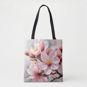 Bolsa Tote Flores de damascos brancos e cor-de-rosa no fundo 