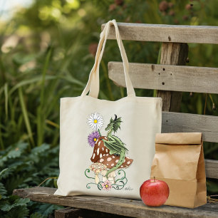 Bolsa Tote Flores de Fantasia do Dragão Verde-Cogumelo